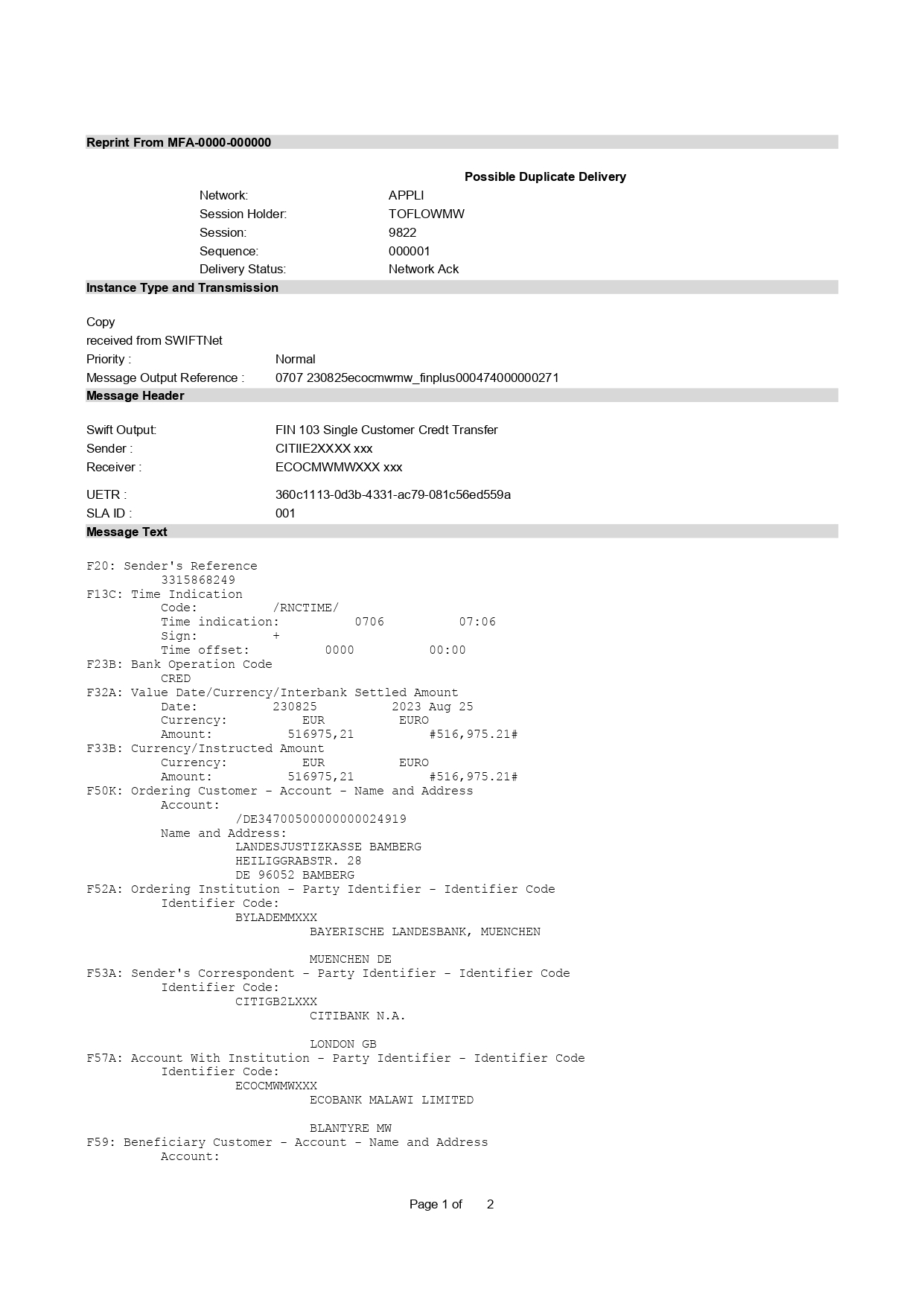 Bank statement of the transferred funds to SFFRFM