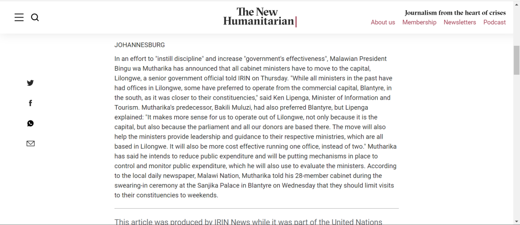 An insert of media report on Bingu wa Mutharika's decree to move Government offices from Blantyre to Lilongwe